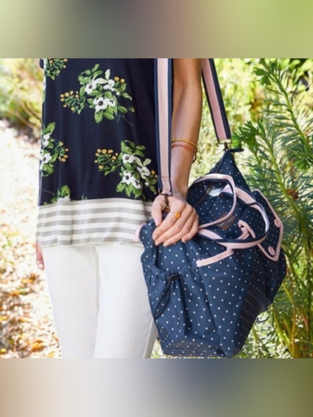 Matilda Jane Navy Polka Dot Baby Bag with Pink Trim